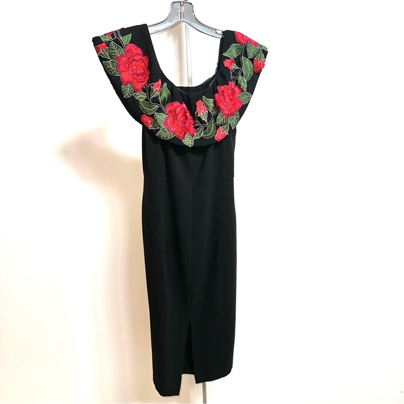 Traffic People Black wiggle Dress with Red Floral Detail - Picture 4 of 7